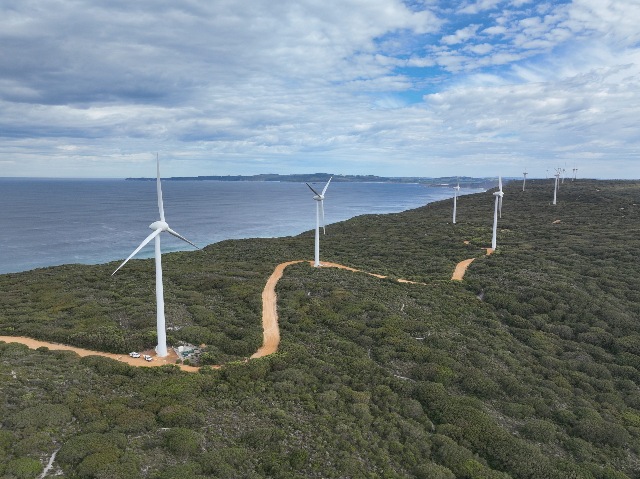 Drone photograph of an Australian wind turbine farm